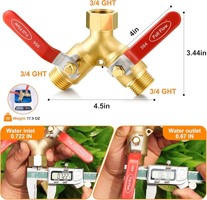 Garden hose diverter, full-flow, heavy-duty brass 2-way high flow, outdoor faucet Y-valve closure diverter connector, garden hose high-flow diverter adapter. (2-Way Full Flow 2PCS)
