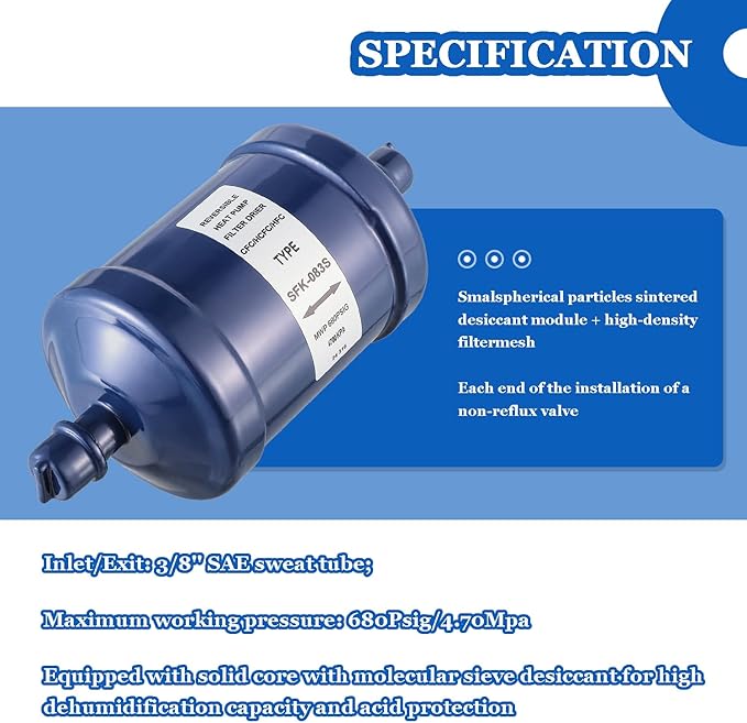 BOJACK Refrigerant Filter Drier Bi-Flow Liquid Line SFK-083S 3/8" Sweat Filter Dryer for Refrigeration for CFC HCFC HFC Heat Pump or Straight Cool Air Conditioners Systems from 1 to 5 Tons