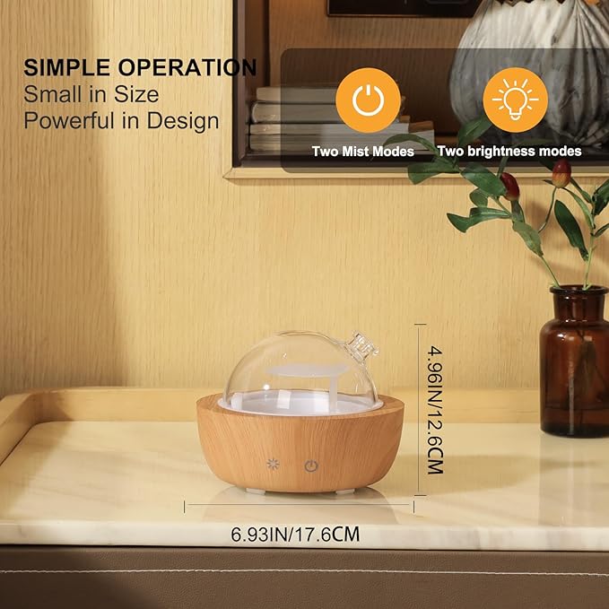 Glass Essential Oil Diffusers for Home, Wood Grain Base Humidifier, Decorative Bedroom Aromatherapy Scent Air Diffuser Ultrasonic Aroma Defusers 200ml（with 3Pcs Essential Oils）