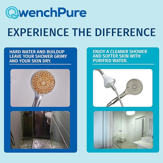 QwenchPure Shower Filter for Chlorine – High Output, 100% KDF-55, Removes Chlorine & Contaminants, Softens & Purifies Hard Water, Improves Skin & Hair, Easy Installation, Made for Hot Water