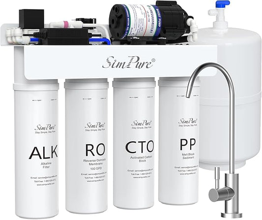 SimPure T1-100ALK Alkaline Reverse Osmosis Water Filter, Mineral Reverse Osmosis System 7 Stage, NSF/ANSI 58 Certified, Under Sink RO Water Filtration System 100 GPD with Tank, Build in Pump