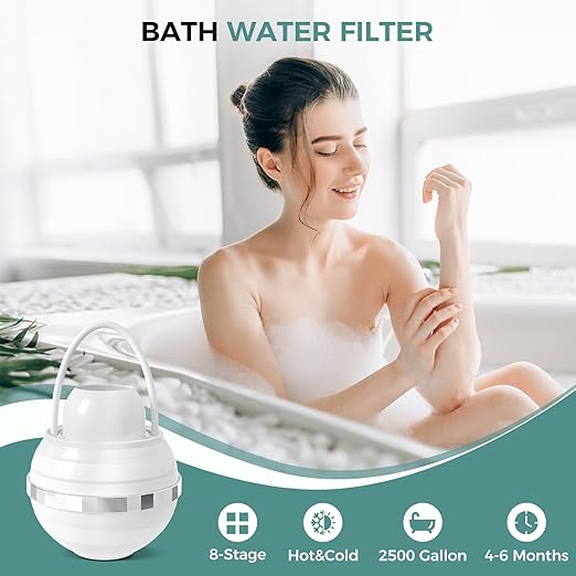 Bath Filter for Tub - 8 Stages Bath Water Filter for Tub Faucet, Hard Water Softener to Remove contaminants, Chlorineand Fluoride, 2,500 Gallons of Filtration, BPA Free (White)