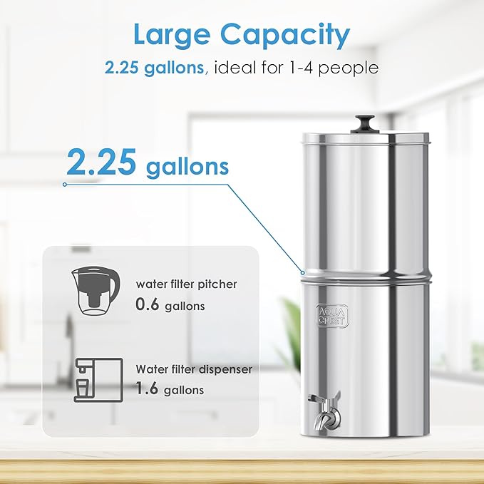 AQUA CREST Gravity Water Filter System, NSF/ANSI 42&372 Certified Black Carbon Filters, Reduce Lead and Up to 99% Chlorine, 2.25G, for Home, Camping, RVing, Off-Grid, Emergencies, AQ-TN-A