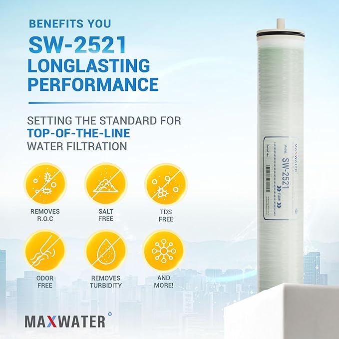 Max Water 25" x 21" SW-2521 RO Membrane Element- Sea Water RO 350 GPD for Desalination, Commercial, Agricultural, Municipal water Treatment, 99.6% Rejection Rate compatible with SW30-2521 M-S2521A