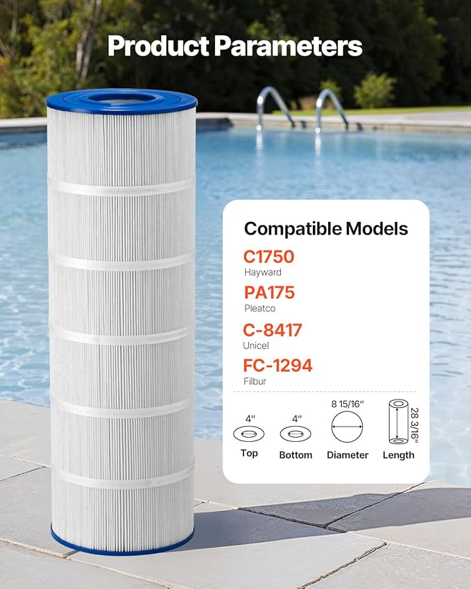 VEVOR C1750 Pool Filter Cartridge Replacement for Hayward C1750, Replace for Hayward CX1750RE, Pleatco PA175, Unicel C-8417, Filbur FC-1294, 175 sq. ft,L x OD:28 3/16" x8 15/16"