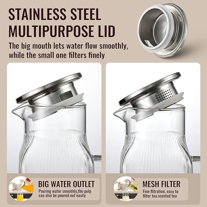 2 Liter/68 oz Square Glass Pitcher with Lid, Classic Stripes Water Pitchers with Handle for Fridge, Large Jug for Iced Tea, Coffee, Borosilicate Glass Carafe for Hot/Cold Brew Drink, Silver