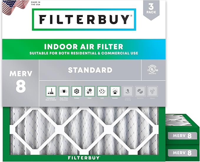 Filterbuy 12x12x2 Air Filter MERV 8 (MPR 700) Dust Defense Replacement (3-Pack), Electrostatic Pleated HVAC AC Furnace Filters, Made in USA (Actual Size: 11.50 x 11.50 x 1.75)