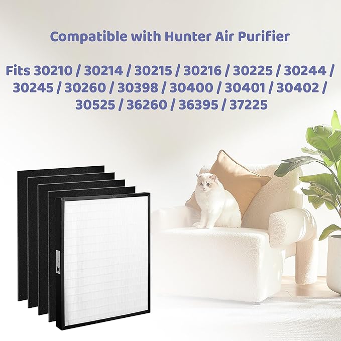 30940 Replacement Filter Compatible with Hunter Air Purifier, fits 30210 30214 30215 30216 30225 30244 30245 30260 30398 30400 30401 30402 30525 36260 36395 37225, 1 HEPA Filter + 4 Prefilter