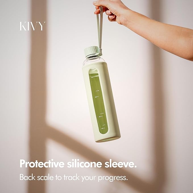 KIVY Glass Water Bottle with Silicone Sleeve 32 oz [WITH MEASUREMENT] - Borosilicate Glass Water Bottle Screw Top - Clear Bottles with Measurement Marking - Sage Green Waterbottle