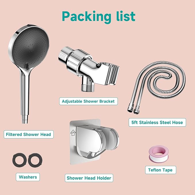 6“ Filtered Shower Head with Handheld, 6-Spray High Pressure Shower Head with Filter for Hard Water, Detachable Handheld Showerhead with Hose and Shower Arm Bracket, Chrome-Black