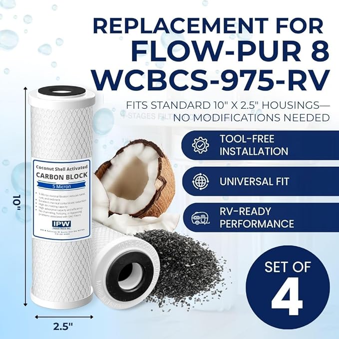 IPW Industries Inc. | 4-Pack Flow-Pur 8 (WCBCS-975-RV) Water Filter Replacement and Water Purifier Activated Carbon Filter for RV Water Filter System