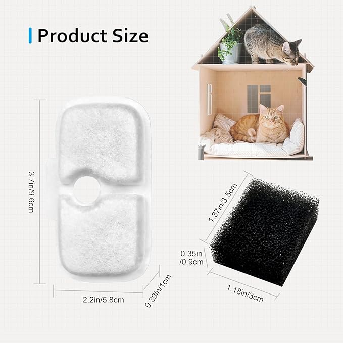 10 Pack Replacement Cat/Dog Fountain Filters Compatible with 2.5L/84oz Dockstream Cat Fountain PLWF005/PLWF115/PLWF105,10 Pack Triple Action Pet Fountain Filter and Pre-Filter Sponges