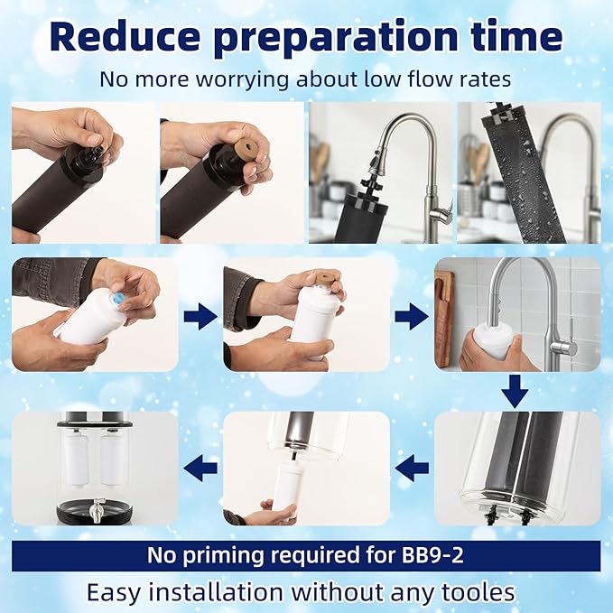 Gravity-Fed Water Filter System, Glass water filter, Glass Countertop Water Filtration Dispenser, with Wooden Stand and 2 Filters, 2.25 Gallon，for Home and Office