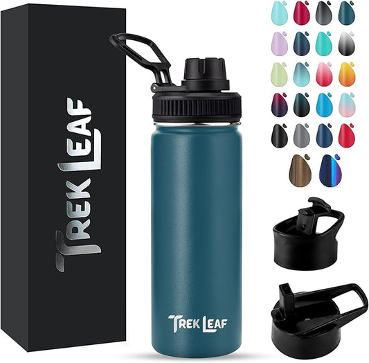 Travel Water Bottle with 3 Lids (Spout, Straw, Flip) Leak Proof, Quality, Vacuum Insulated, Stainless Steel (Cascade Teal, 18 oz)