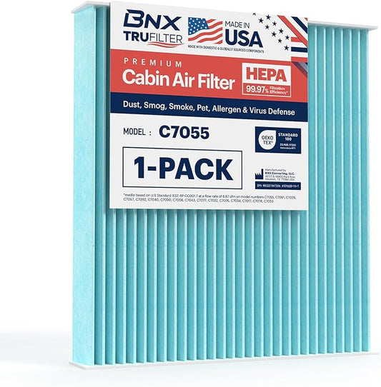 BNX TruFilter C7055 Cabin Air Filter, HEPA 99.97%, MADE IN USA, Compatible With Toyota Camry, Corolla, Highlander, RAV4, Tundra, Prius, 4Runner; Subaru Outback, Legacy; Lexus RX, GS, GX, IS, LS, ES
