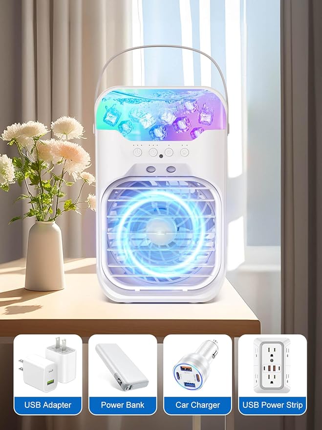 Portable Air Conditioner, 1500ML, Removable & Washable Fan Blades, Timer Function, 4 Speeds, 2 Cool Mists, 7-Color Light, Personal Evaporative Air Cooler for Home, Office, Bedroom, and Camping-White