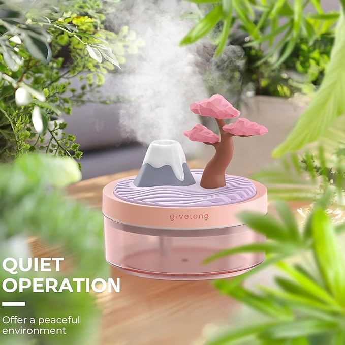 Mini Portable Desktop Humidifiers for Bedroom,Small Humidifier with Cherry Tree,Quiet,Cool Mist, Auto Off,7 Colors Night Light,320ml Air Humidifier Home Office Travel(PINK)