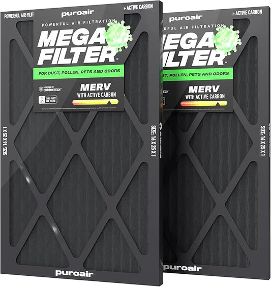PuroAir Mega Filter - MERV 13 16x25x1 Air Filters For Home With Activated Carbon - Filters Allergens, Pet Dander, Smoke, Dust - Furnace and AC Filters - Air Filters 16x25x1 MERV 13 (2 Pack)