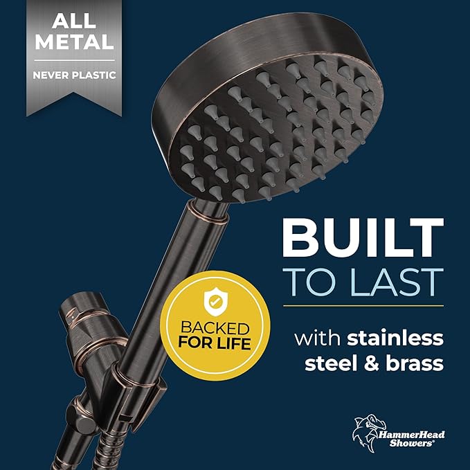 HammerHead Showers® Solid Metal Handheld Shower Head with Hose and Brass Holder - OIL RUBBED BRONZE - 2.5 GPM High Pressure Shower Heads with Adjustable Shower Wand Bracket - 6ft Flexible Extension