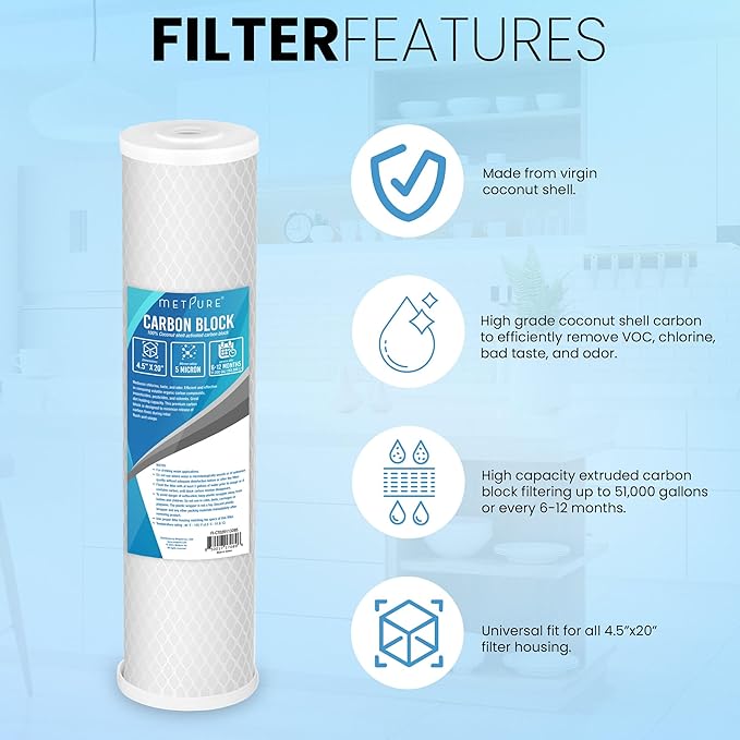 Universal 5 Micron 20” x 4.5” Whole House Carbon Water Filter Cartridge Replacement - Coconut Shell Carbon Block CTO. Compatible with Pentek, iSpring, and more. 1-Pack