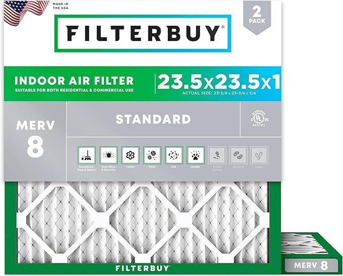 Filterbuy 23.5x23.5x1 Air Filter MERV 8 (MPR 700) Dust Defense Replacement (2-Pack), Electrostatic Pleated HVAC AC Furnace Filters, Made in USA (Actual Size: 23.38 x 23.38 x 0.75)