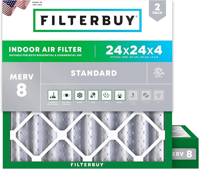 Filterbuy 24x24x4 Air Filter MERV 8 (MPR 700) Dust Defense Replacement (2-Pack), Electrostatic Pleated HVAC AC Furnace Filters, Made in USA (Actual Size: 23.38 x 23.38 x 3.63)