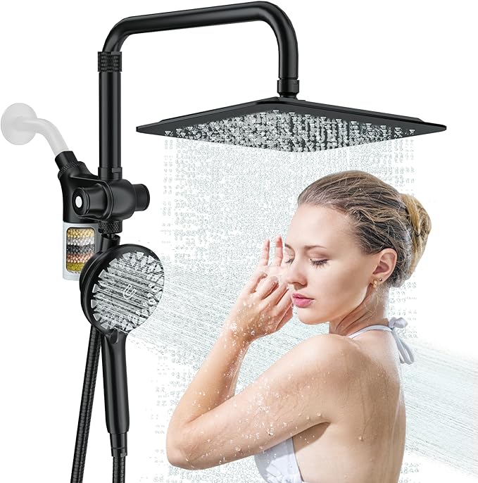 10" Rainfall Shower Heads with Handheld Spray Combo High Pressure, Magnetix Shower Head with Filters for Hard Water, 2 in 1 Dual Shower Head with Handheld and Adjustable Slide Bar (Black)
