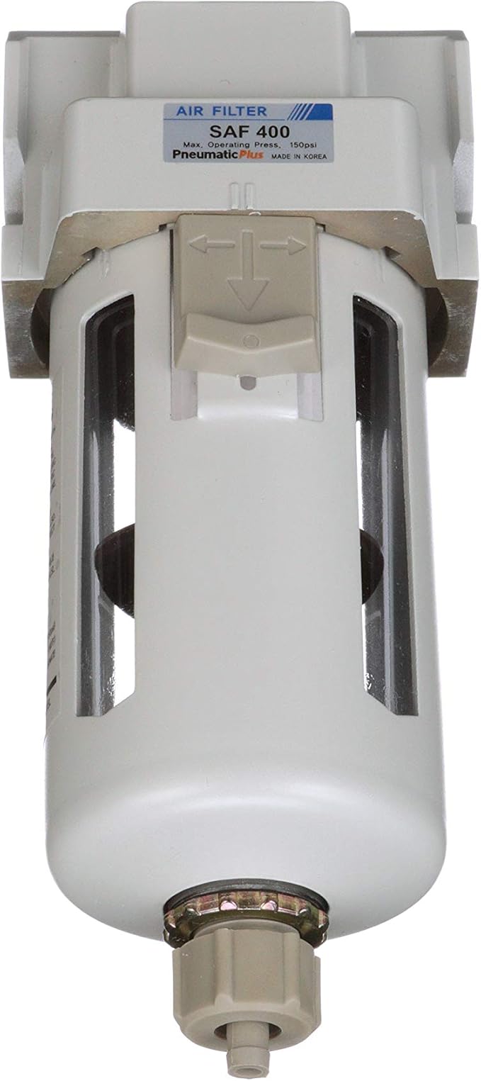 PneumaticPlus SAF400-N04B Compressed Air Particulate Filter 1/2" NPT, 10 Micron Element, Poly Bowl, Manual Drain, Bracket