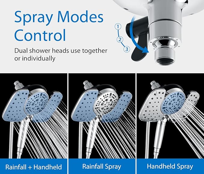 2-in-1 Shower Heads with Handheld Spray Combo: 10” Rainfall Shower Head & Hand Held Shower Head, 9 Spray Settings Detachable Shower Head with ON/OFF Switch and 15-Stage Filter