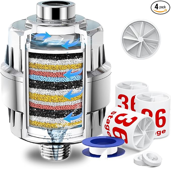 36-Stage Shower Head Filter With Vitamin C E for Hard Water - 3 Replaceable Cartridges, High Output Water Filter for Removing Chlorine and Fluoride, Polished Chrome