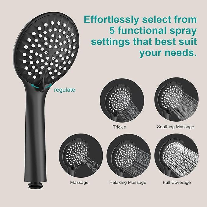 Shower Slide Bar Handheld Shower Head with Hose, 5-Function Hand Shower with Wall Mount，shower slide bar,adjustable height shower head (A-round, Matte Black)