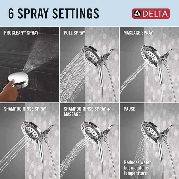 Delta 6-Setting In2ition 2-in-1 Dual Shower Head with Handheld High Pressure ProClean Spray, Chrome Detachable Shower Head with Hose, 1.75 GPM Flow Rate, Chrome 75655