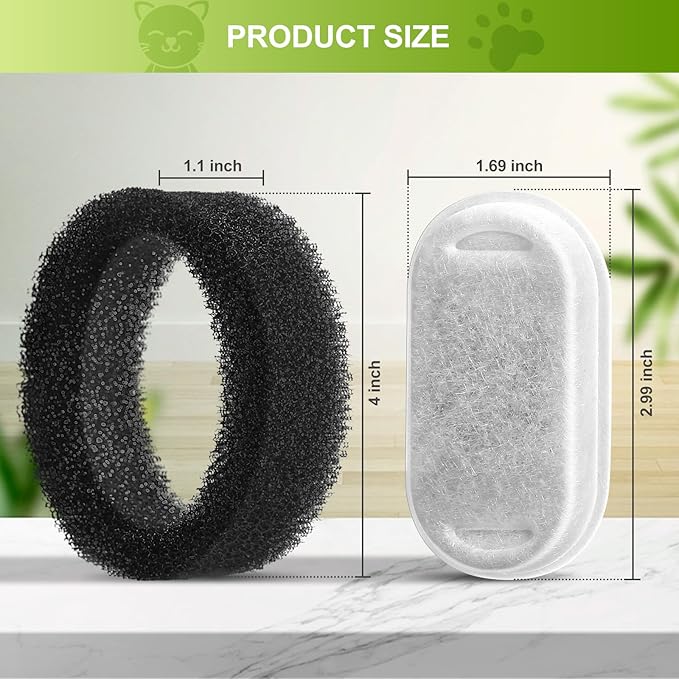 12 Pack Cat Water Fountain Filters, Replacement Filters & Pre-Filter Sponges for 3.2L/108Oz & 67oz/2L Stainless Steel Pet Fountain