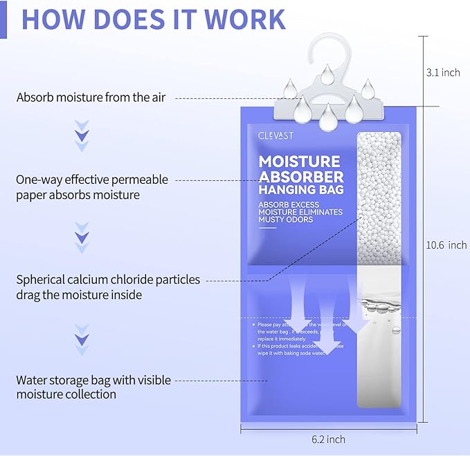 CLEVAST Moisture Absorbers Packets 10 Pack, Dehumidifier Bags for Closet, Unscented Hanging Humidity Absorber in Wardrobes, Bedrooms, Bathrooms(Net Wt. 230g/Pack)