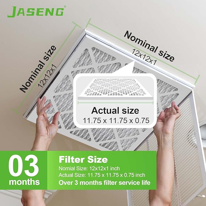 12x12x1 AC Furnace Air Filters,(6-Pack) MERV 8 Dust Defense, JASENG MPR 600 Pleated HVAC Replacement Air Filter (exact dimensions: 11 3/4"x11 3/4"x3/4")