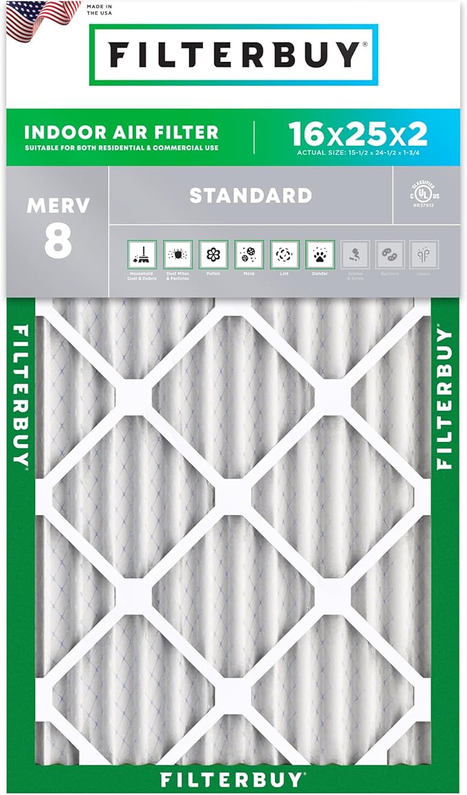 Filterbuy 16x25x2 Air Filter MERV 8 (MPR 700) Dust Defense Replacement (1-Pack), Electrostatic Pleated HVAC AC Furnace Filters, Made in USA (Actual Size: 15.50 x 24.50 x 1.75)
