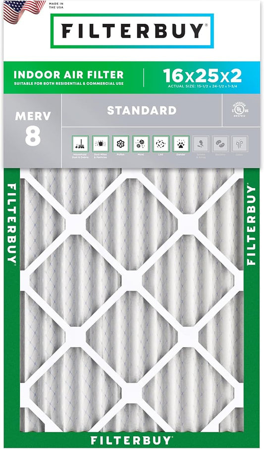 Filterbuy 16x25x2 Air Filter MERV 8 (MPR 700) Dust Defense Replacement (1-Pack), Electrostatic Pleated HVAC AC Furnace Filters, Made in USA (Actual Size: 15.50 x 24.50 x 1.75)