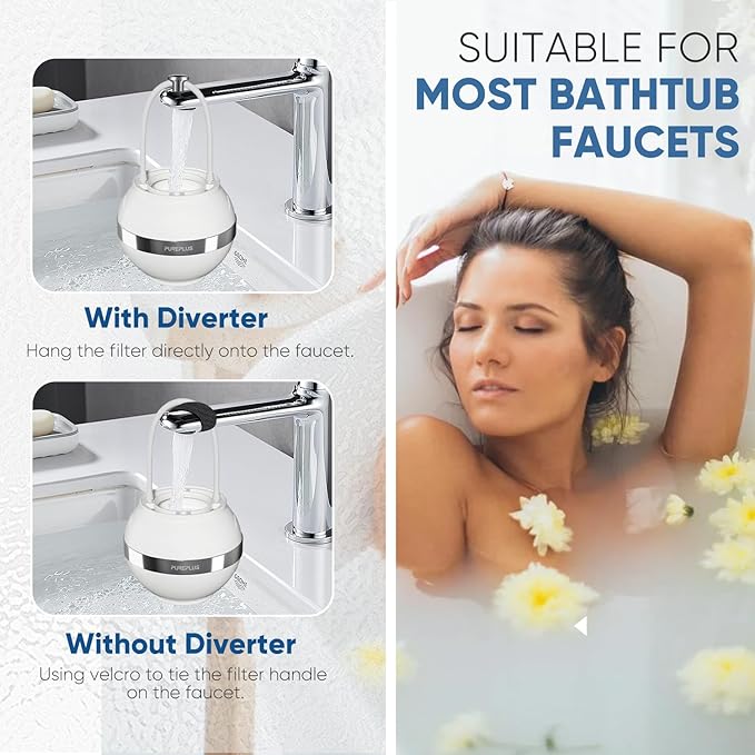 PUREPLUS Bathtub Bath Water Filter for Tub, 8 Stages Kinder Filter for Bathtub, 2500 Gallons Filtration, Removes Contaminants for Softer Skin and Hair, Reduces Chlorine & Heavy Metals, BPA Free