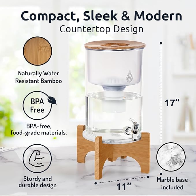 Invigorated Water pH Recharge Alkaline Water Filter Dispenser – BPA-Free Glass Countertop Water Filter Pitcher Purifier for Home & Office, 36-Cup Capacity, 360L Long Filter Life (Bamboo/Marble)