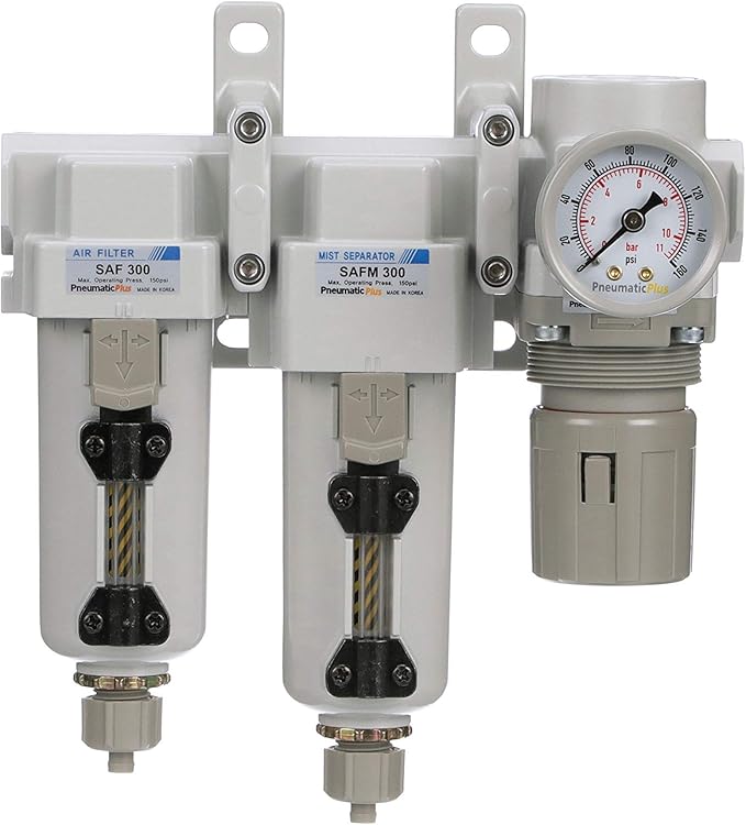 PneumaticPlus SAU330-N03G-MEP Three Stage Compressed Air Drying System - Particulate Air Filter, Coalescing Filter, Air Pressure Regulator Combo 3/8" NPT - Metal Bowl, Manual Drain, Gauge