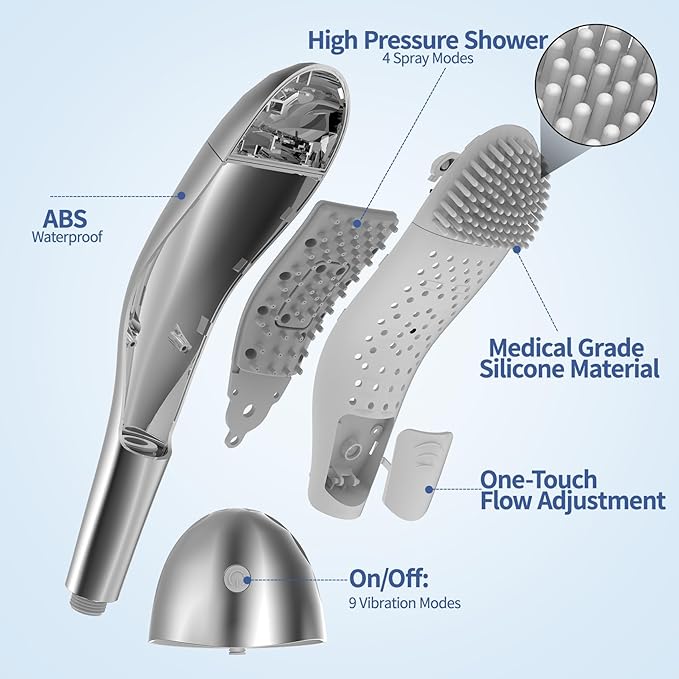 2-in-1 Shower Head with Detachable Massager, High Pressure Shower Heads, 4 Spray & 9 Massage Modes, Handheld Massager for Neck Back Body, Premium Bathroom Upgrade&Home Spa Experience