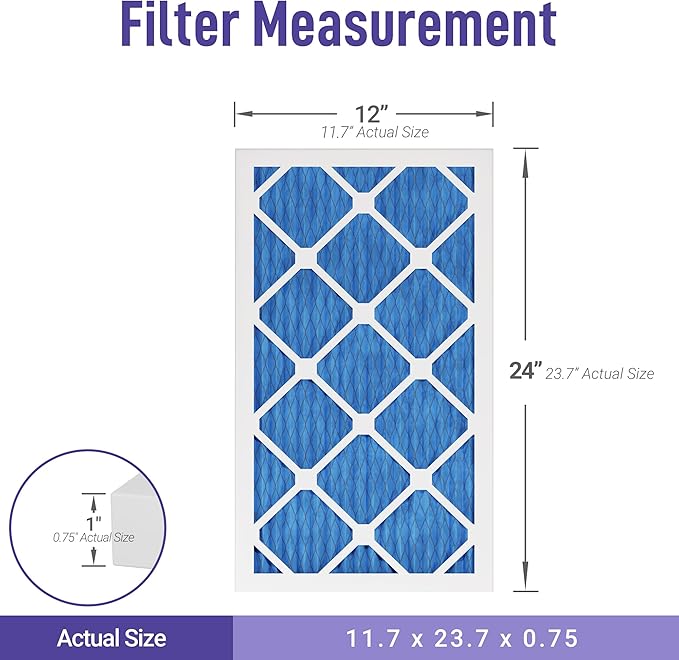 Maycold 12x24x1 MERV 11 Furnace Air Filter (6-Pack), High-Performance HVAC AC Filters for Home Use, Actual Size: 11.70” x 23.70” x 0.75”, Individually Wrapped in Plastic