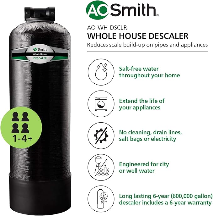 AO Smith Whole House Salt Free Descaler System - Works with City & Well Water Filters - 6yr, 600,000 Gl - Water Softener Alternative for Home - AO-WH-DSCLR