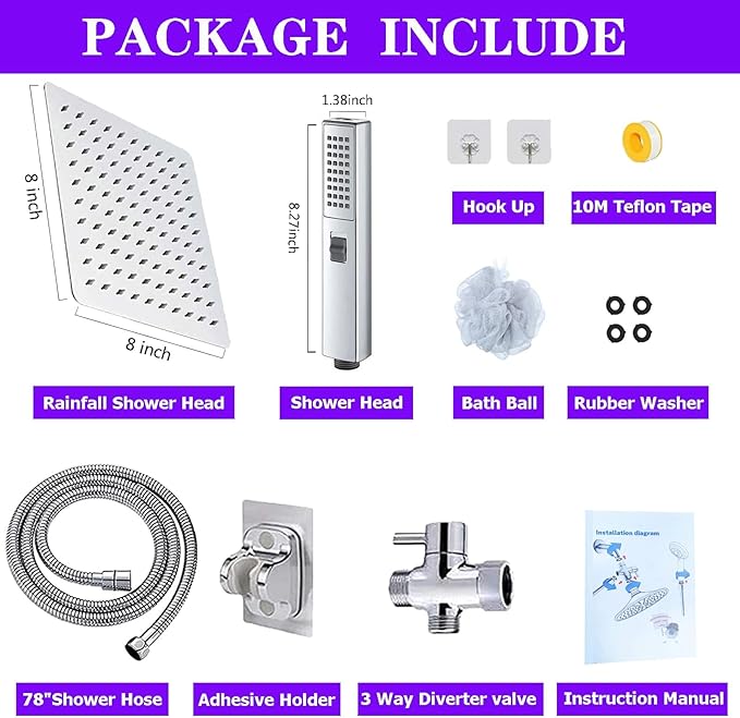 8"High Pressure Square Rain Shower Head and 2-in-1 Hand Shower.Equipped with 78"Hose, 3 Way Diverter Valve,Adhesive Shower Head Holder.(AWAXFOLO Square Shower Head Set chrome)