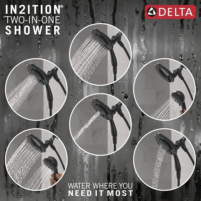Delta Faucet 4-Setting In2ition 2-in-1 Dual Shower Head with Clarifi Standard Shower Filter Attachment and Filter, Black Shower Head with Filter, Filtered Shower Head, Matte Black 7SF110BBL