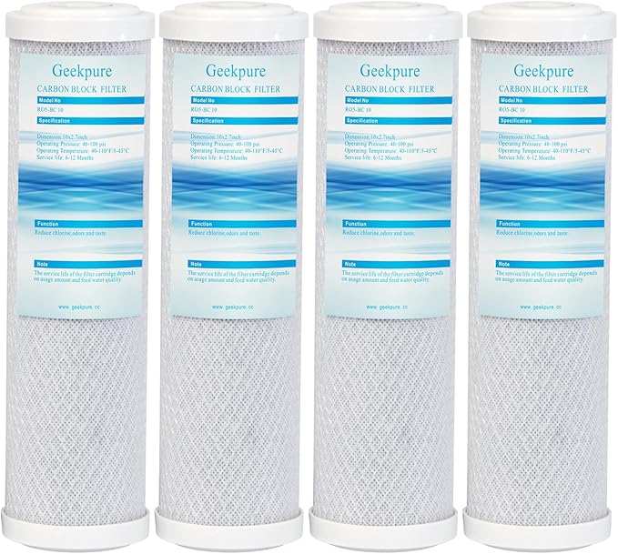 Geekpure 10 Inch Carbon Block Replacement Filter Cartridge for RO Water Filtration System -2.5" x 10" -5 Micron-Pack 4