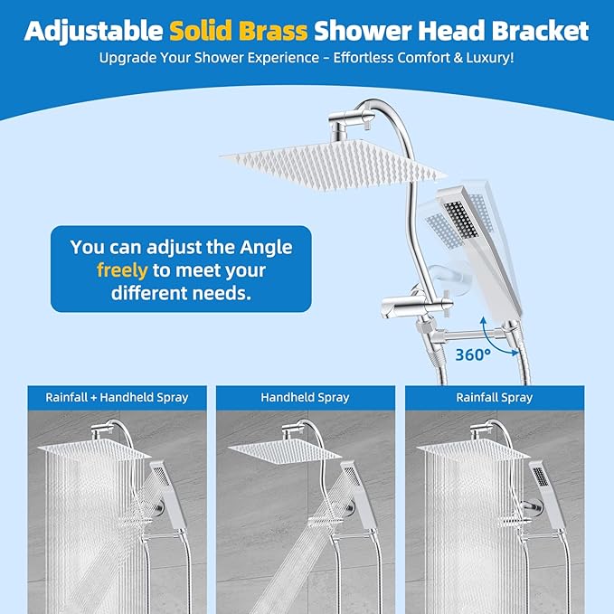 Hibbent All Metal Shower Head, 12'' High Pressure Rainfall Shower Head, Showerhead Combo, Handheld Shower Wand, 12'' Adjustable Curved Shower Extension Arm, 71'' Hose, Shower Head Holder, Chrome