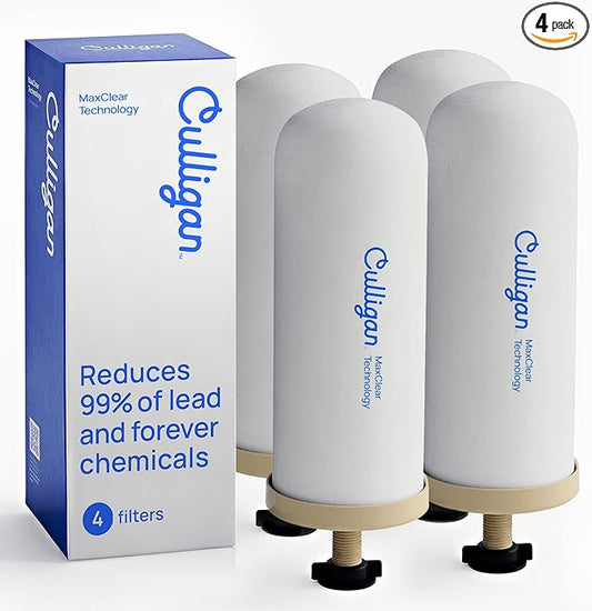 Culligan MaxClear 7” Gravity Water Filter Replacement Compatible with Berkey Water Filter Systems, Ceramic & Carbon Gravity Filter NSF/ANSI Certified, Reduce Total PFAS, Microplastics & Lead, 4-Pack