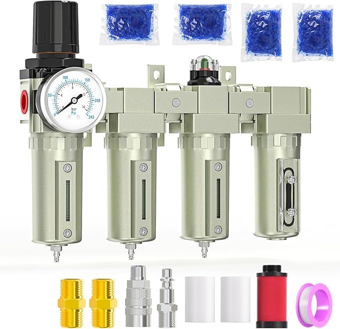 1/2" NPT Heavy Duty Industrial Grade 4 Stage Air Drying System,Coalescing Filter,Double Particulate Filter,Desiccant Dryer and Air Regulator,Manual Drain,For Plasma Cutter and Paint Spray