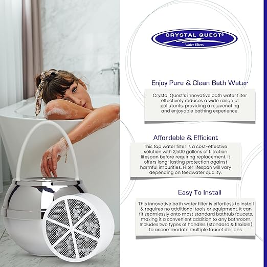 Crystal Quest Bath Ball & Replacement Filter Cartridge Bundle - Water Filter System-Reduce Contaminants for Softer &Smoother Skin-Effortless & Quick Installation| Bundle and Save (Chrome)